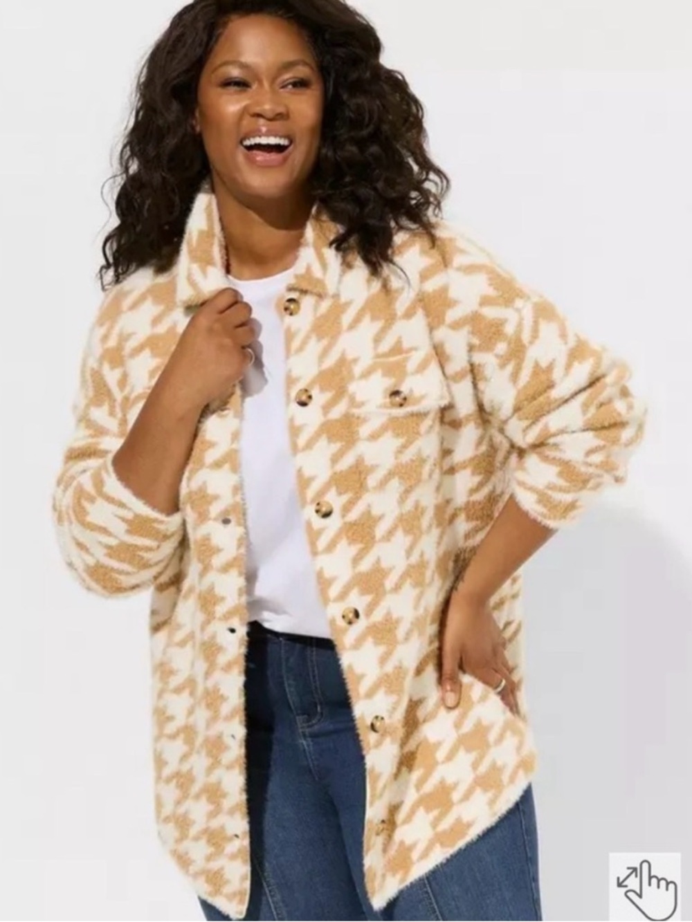 torrid Cream & Tan Houndstooth Teddy Shacket
